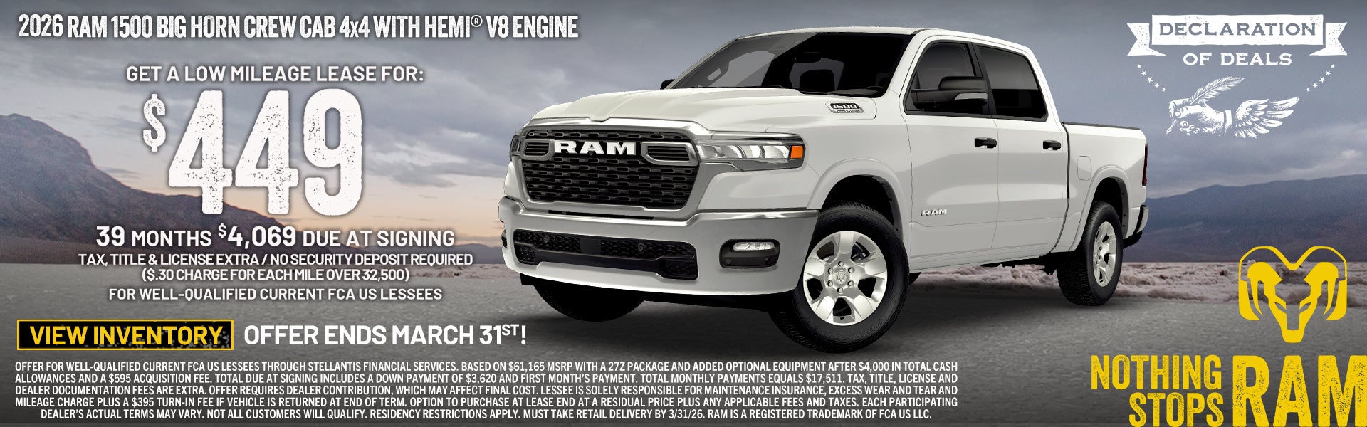 2026 RAM 1500 Big Horn Crew Cab 4x4 w/ Hemi V8 $4069 due 