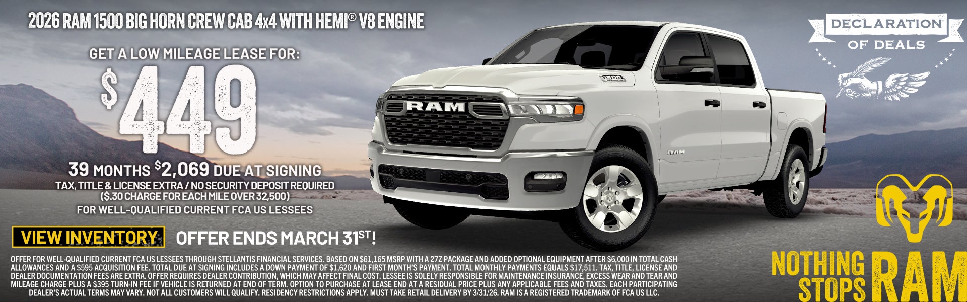 2026 RAM 1500 Big Horn Crew Cab 4x4 w/ Hemi V8 $2069 due 